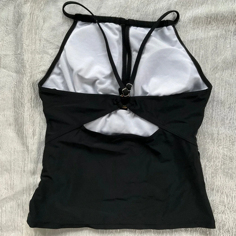 Black‎ High Neck Keyhole Tankini Top Ruched Sides Adjustable Straps Size 17-18Y